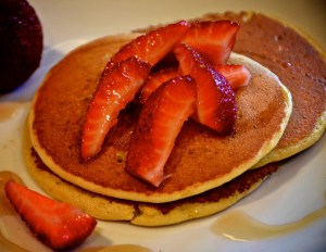 Chickpea Flour Pancakes with Fresh Strawberries & Coconut Aminos Nectar