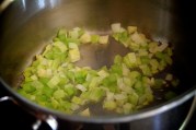 Leeks softening in soup pot